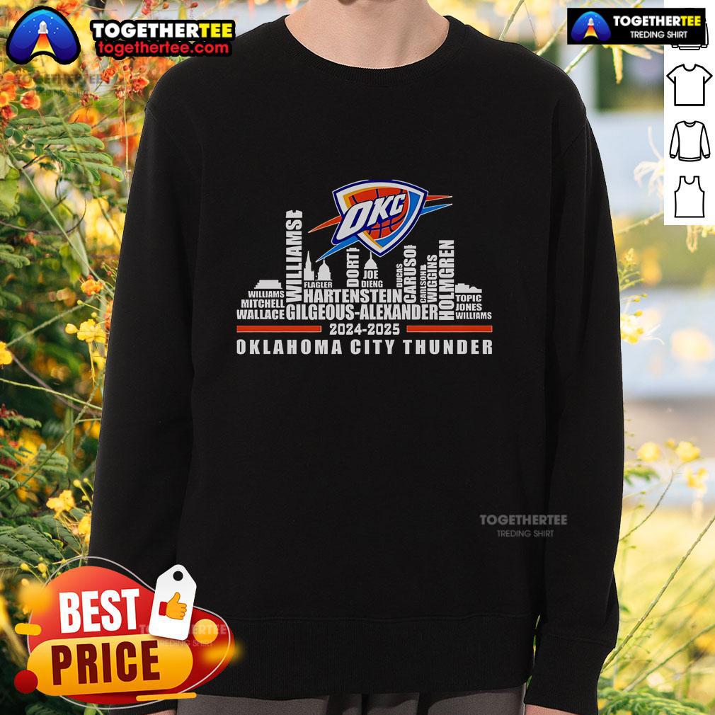 Alt Text: Official Oklahoma City Thunder 2024-2025 sweatshirt featuring team logo and vibrant colors for fans.
