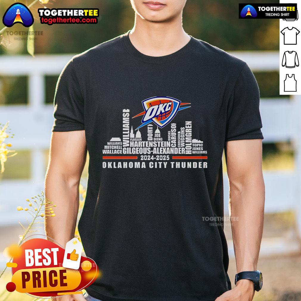 Alt Text: Official Skyline Oklahoma City Thunder 2024-2025 T-Shirt featuring team colors and logo, perfect for fans.