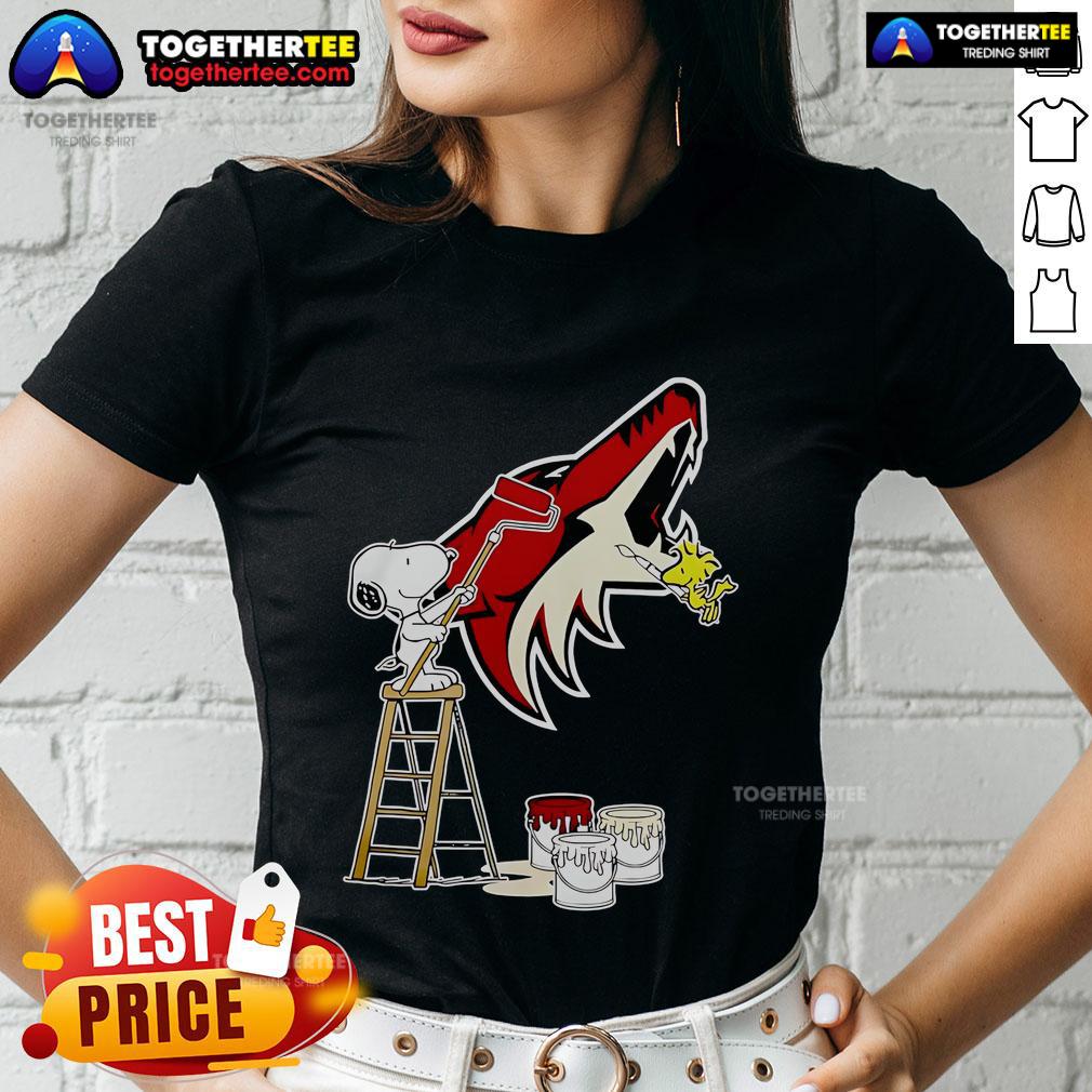Official Snoopy and Woodstock painting on Arizona Coyotes logo ladies tee, showcasing a fun and stylish design.