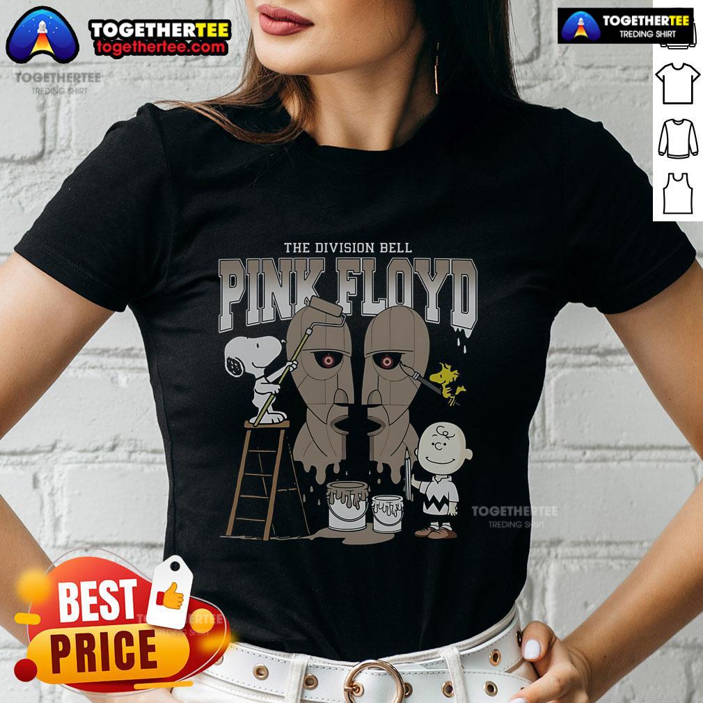 Official Snoopy, Charlie Brown, and Woodstock painting on Division Bell Pink Floyd ladies tee, showcasing vibrant artwork.
