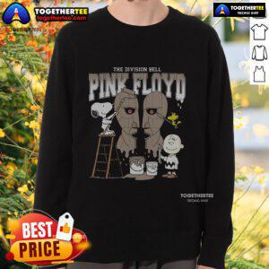 Alt Text: Official Snoopy, Charlie Brown, and Woodstock painting on a Pink Floyd Division Bell sweatshirt design.