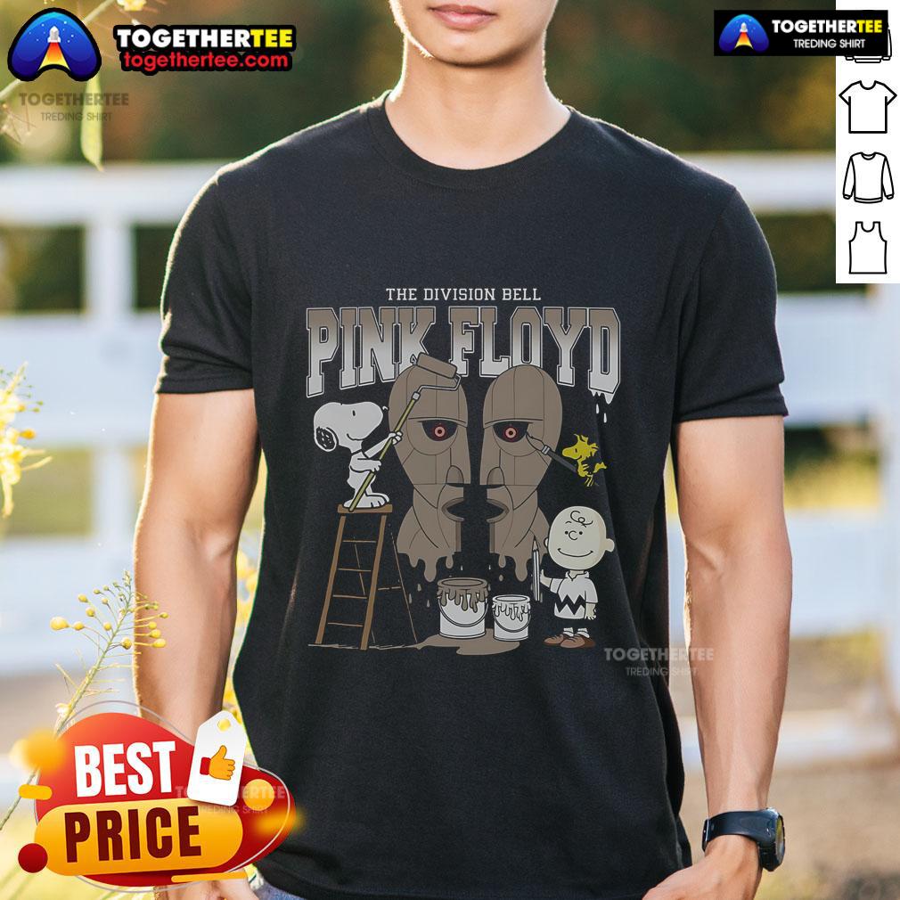 Alt Text: Official Snoopy, Charlie Brown, and Woodstock on a Pink Floyd Division Bell T-shirt, showcasing a unique design.