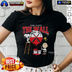 Official Snoopy, Charlie Brown, and Woodstock painting the wall inspired by Pink Floyd on a ladies tee design.