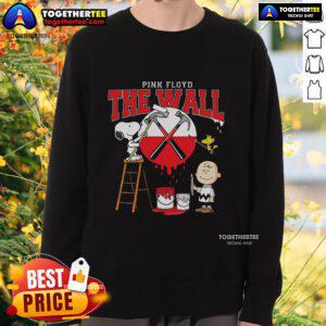 Alt Text: Official Snoopy, Charlie Brown, and Woodstock painting the wall on a Pink Floyd sweatshirt, colorful cartoon design.