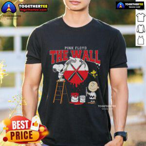 Official Snoopy, Charlie Brown, and Woodstock painting a wall on a Pink Floyd T-shirt, vibrant and playful design.