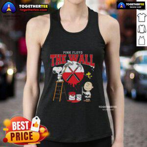 Official Snoopy, Charlie Brown, and Woodstock painting the wall on a Pink Floyd tank top for fans of classic cartoons.