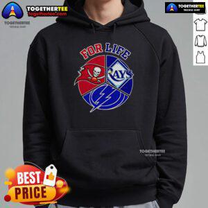 Alt Text: Official Tampa Bay Rays, Buccaneers, and Lightning For Life hoodie showcasing team logos and vibrant colors.