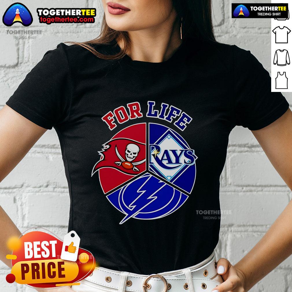 Official Tampa Bay Rays Buccaneers and Lightning for Life ladies tee featuring team logos and vibrant design.