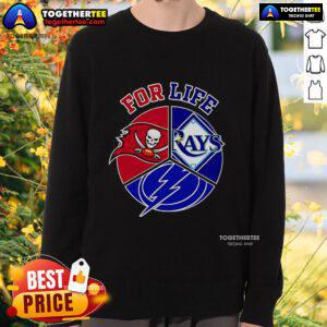 Alt Text: Official Tampa Bay Rays, Buccaneers, and Lightning For Life sweatshirt featuring team logos and vibrant colors.