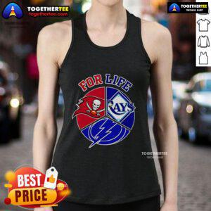 Alt Text: Official Tampa Bay Rays, Buccaneers, and Lightning for Life tank top featuring vibrant team logos and colors.