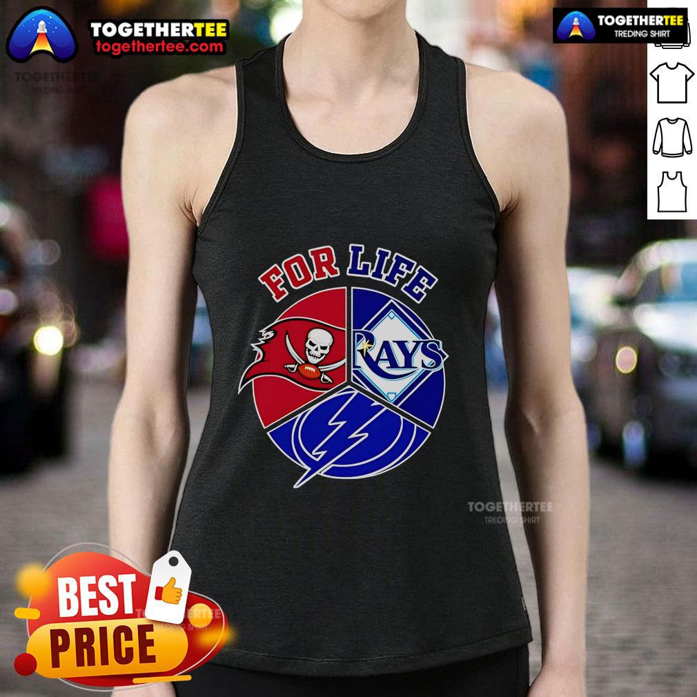 Alt Text: Official Tampa Bay Rays, Buccaneers, and Lightning for Life tank top featuring vibrant team logos and colors.