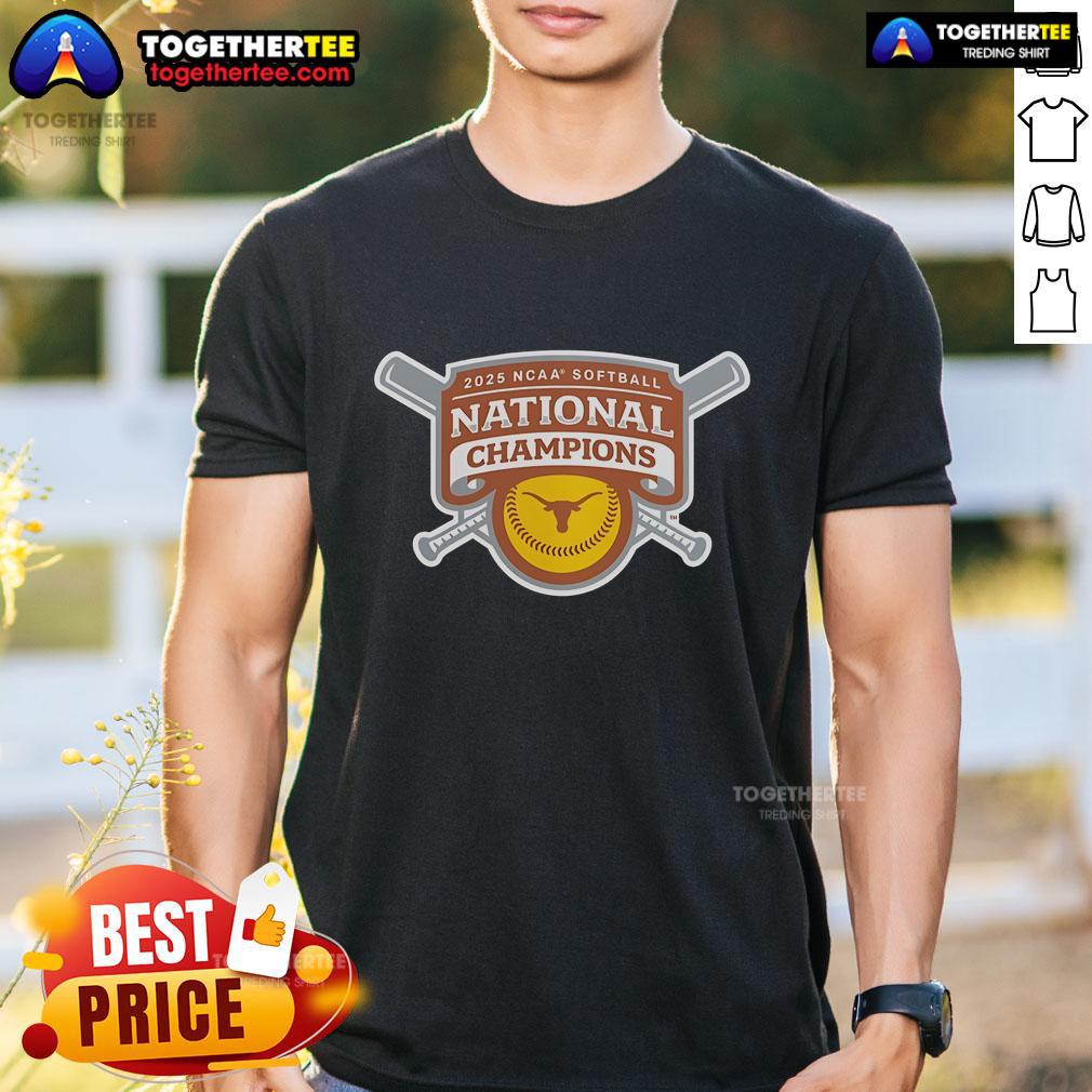 Official Texas Longhorns 2025 NCAA Softball College World Series Champions T-Shirt featuring team colors and logo.