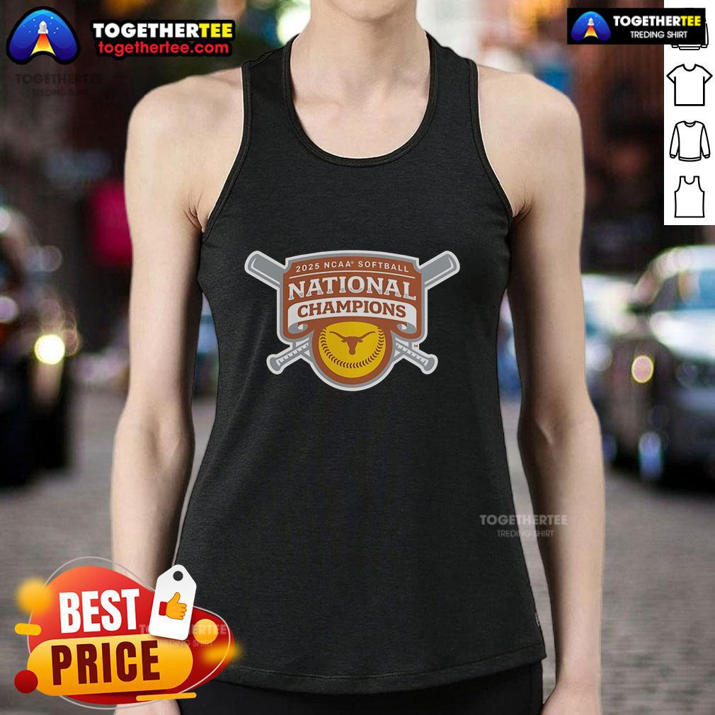 Official Texas Longhorns 2025 NCAA Softball College World Series Champions tank top featuring team colors and logo.