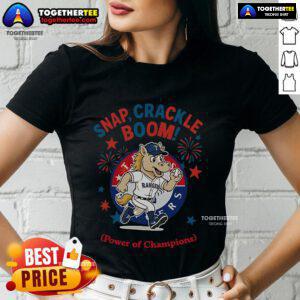 Alt Text: Official Texas Rangers Snap Crackle Boom Power of Champions Independence Day Ladies Tee in vibrant colors.