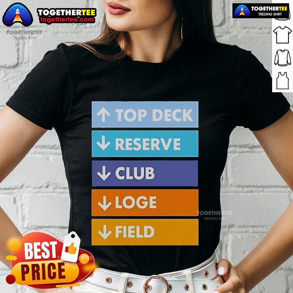 Alt Text: Official Top Deck Reserver Club Logo on Ladies Tee, showcasing stylish design for golf enthusiasts.