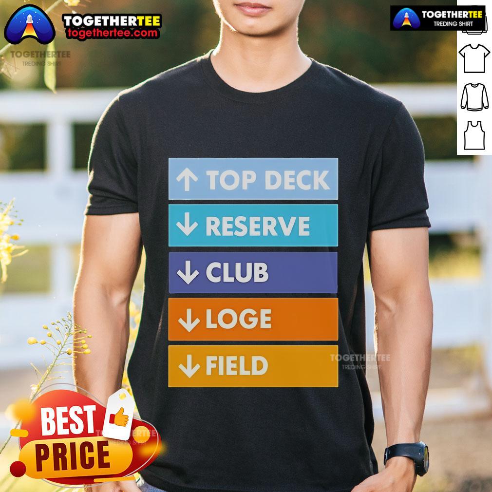 Alt Text: Official Top Deck Reserver Club Loge Field T-Shirt featuring a sleek design and vibrant club logo. Ideal for fans!