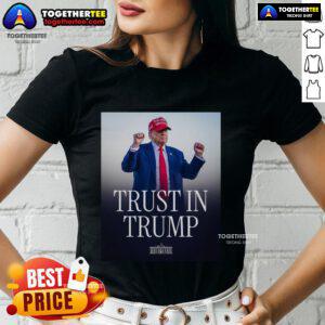 Official Trust In Trump Ladies Tee featuring bold text and stylish design, perfect for Trump supporters.
