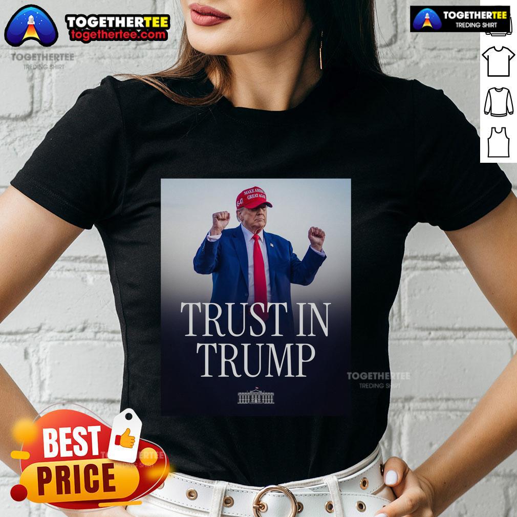 Official Trust In Trump Ladies Tee featuring bold text and stylish design, perfect for Trump supporters.