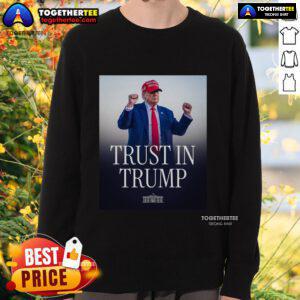 Official Trust In Trump Sweatshirt featuring bold logo design, perfect for supporters of Trump's campaign and style.