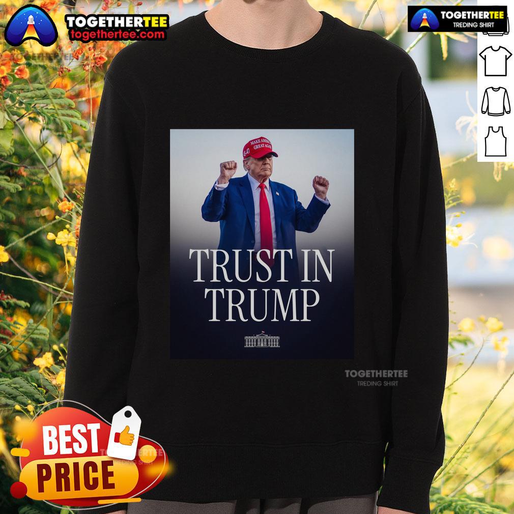 Official Trust In Trump Sweatshirt featuring bold logo design, perfect for supporters of Trump's campaign and style.