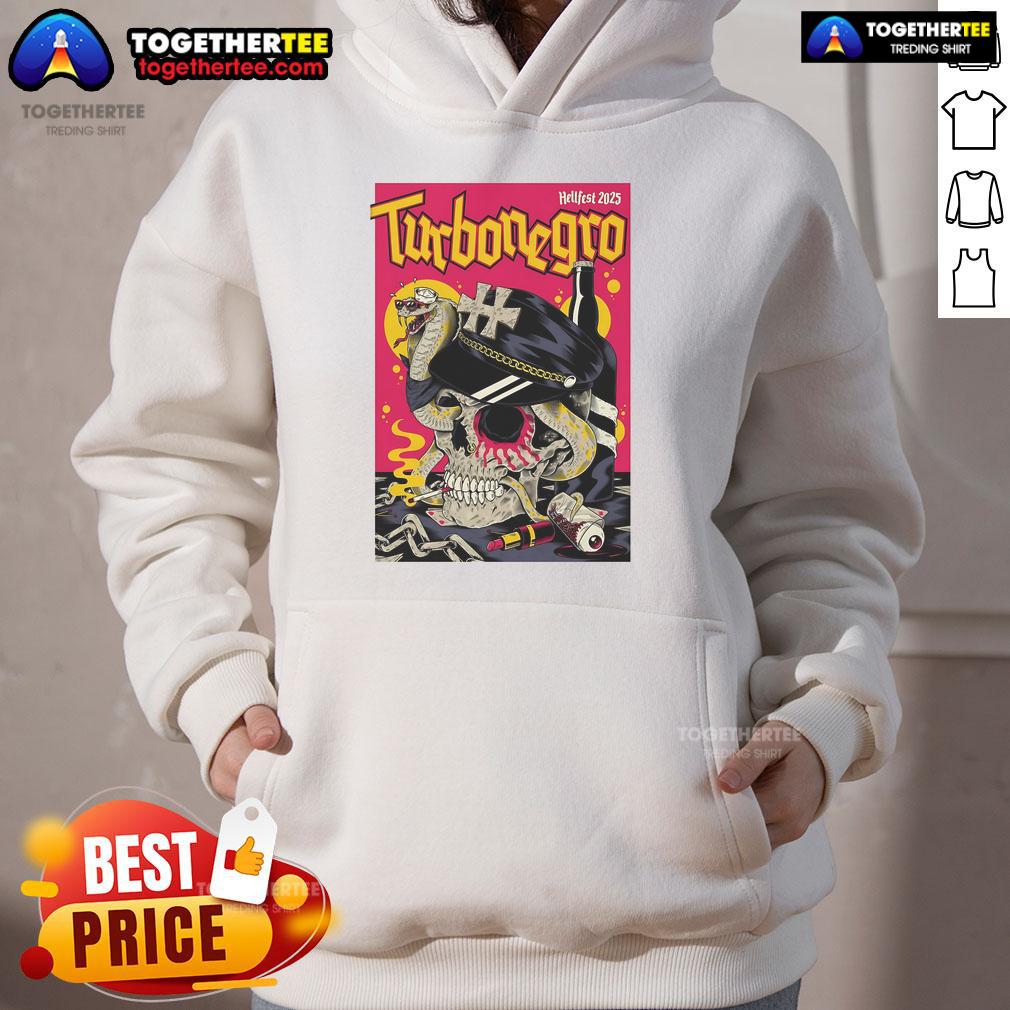 Alt Text: Official Turbonegro Hellfest 2025 Skull Hoodie featuring bold graphic design and a stylish black fabric.