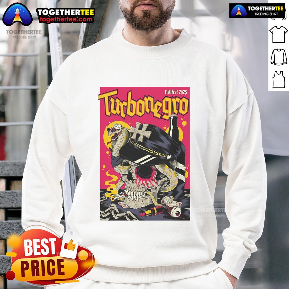 Official Turbonegro Hellfest 2025 Skull Sweatshirt featuring a bold skull design, perfect for fans and festival-goers.