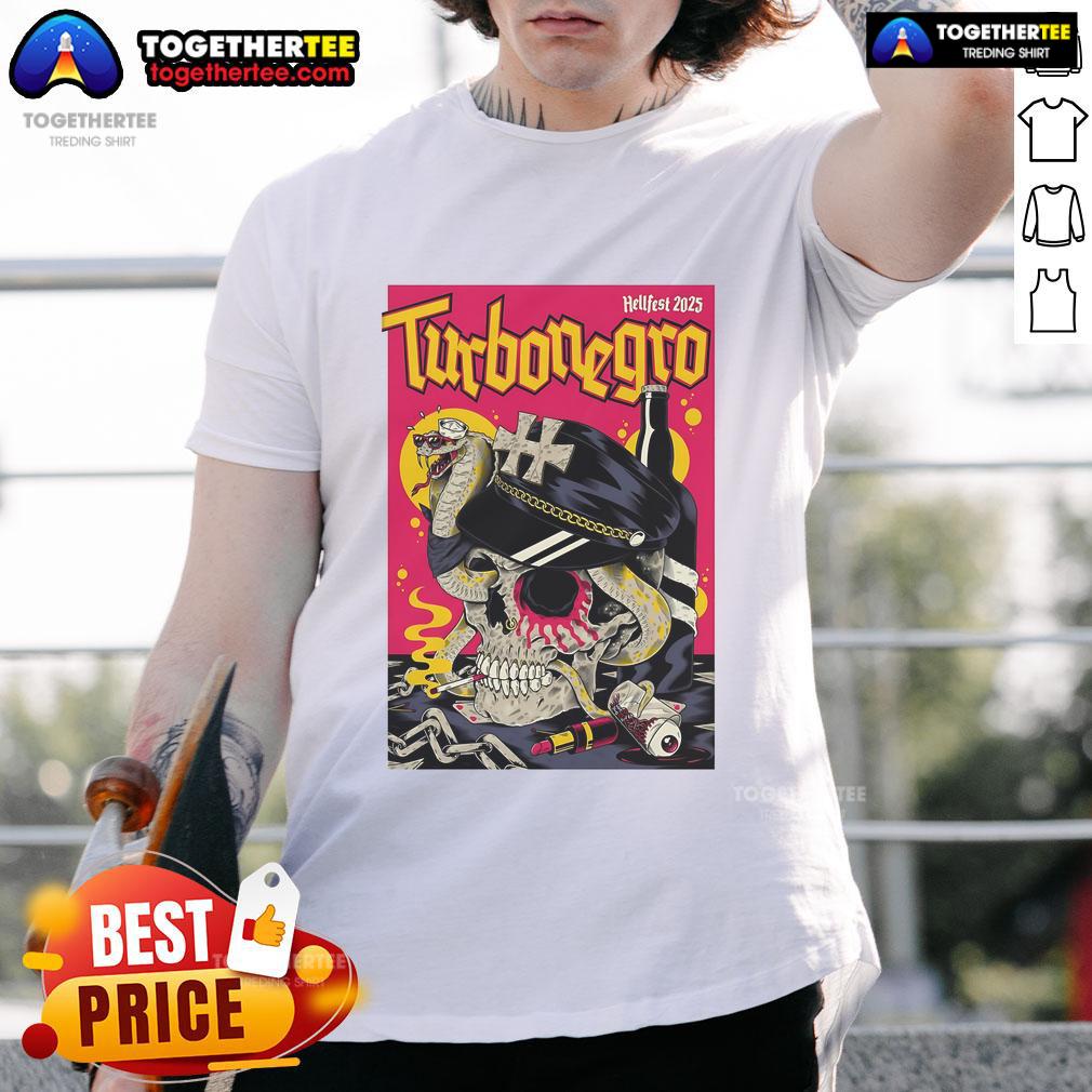 Official Turbonegro Hellfest 150 2025 Skull T-Shirt featuring a bold skull design, perfect for fans of the band and festival.