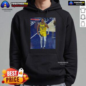 Alt Text: Official Tyrese Haliburton Indiana Pacers Game Frames Hoodie showcasing vibrant team colors and stylish design.