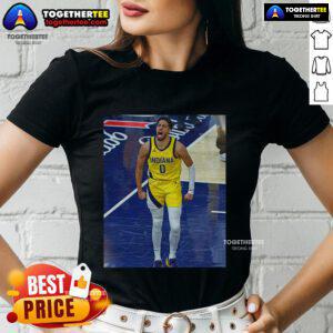 Alt Text: Official Tyrese Haliburton Indiana Pacers Game Frames Ladies Tee in vibrant colors, perfect for fans and stylish wear.