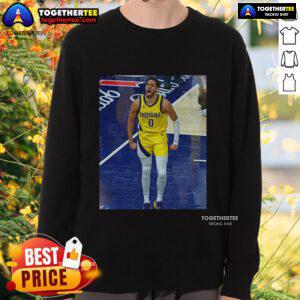 Official Tyrese Haliburton Indiana Pacers Game Frames Sweatshirt featuring team colors and logo, perfect for fans.