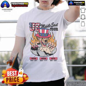 Alt Text: Official US Middle East Tour T-Shirt featuring vibrant graphics and tour dates, perfect for fans and collectors.