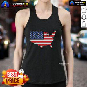 Alt Text: Patriotic tank top featuring an official USA American flag map design, perfect for celebrating national pride.