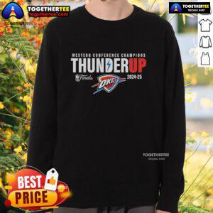 Official Oklahoma City Thunder 2024-2025 Western Conference Champions sweatshirt, featuring team colors and logo design.
