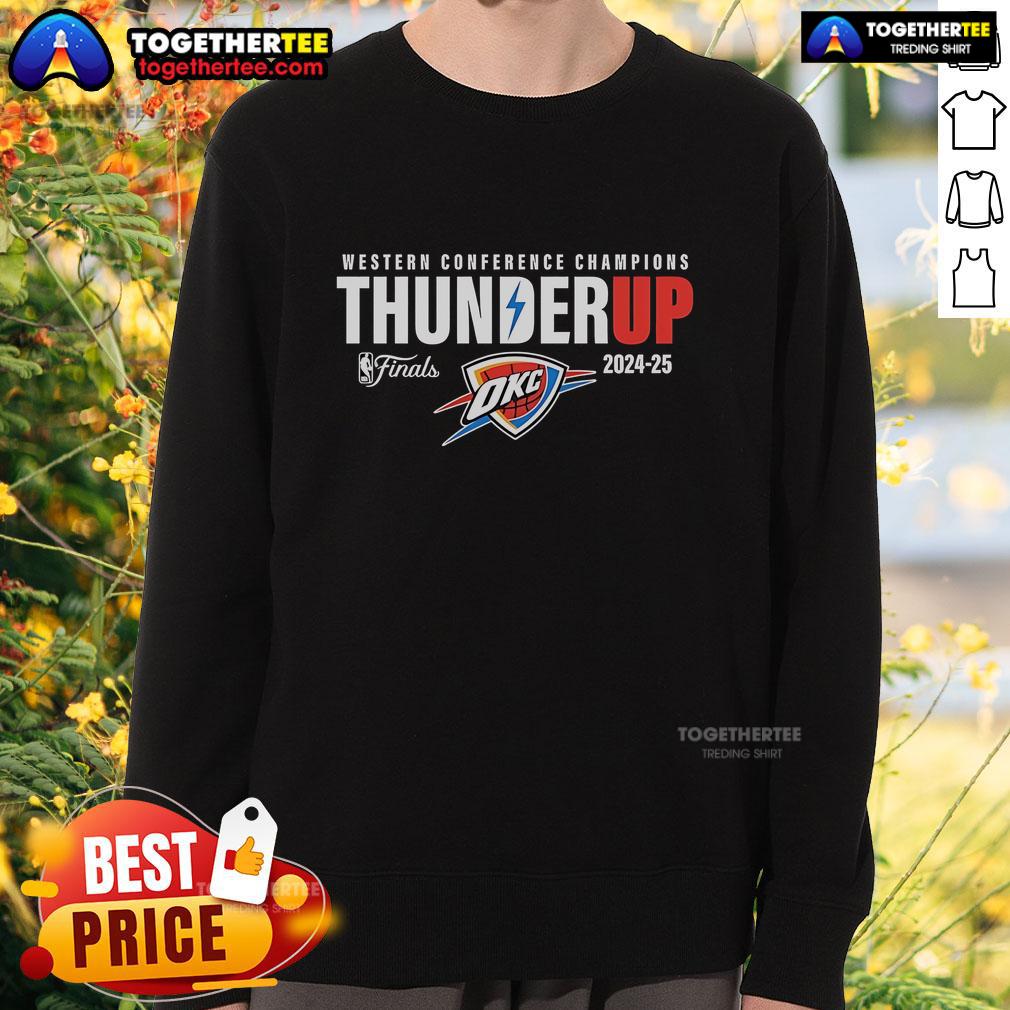 Official Oklahoma City Thunder 2024-2025 Western Conference Champions sweatshirt, featuring team colors and logo design.