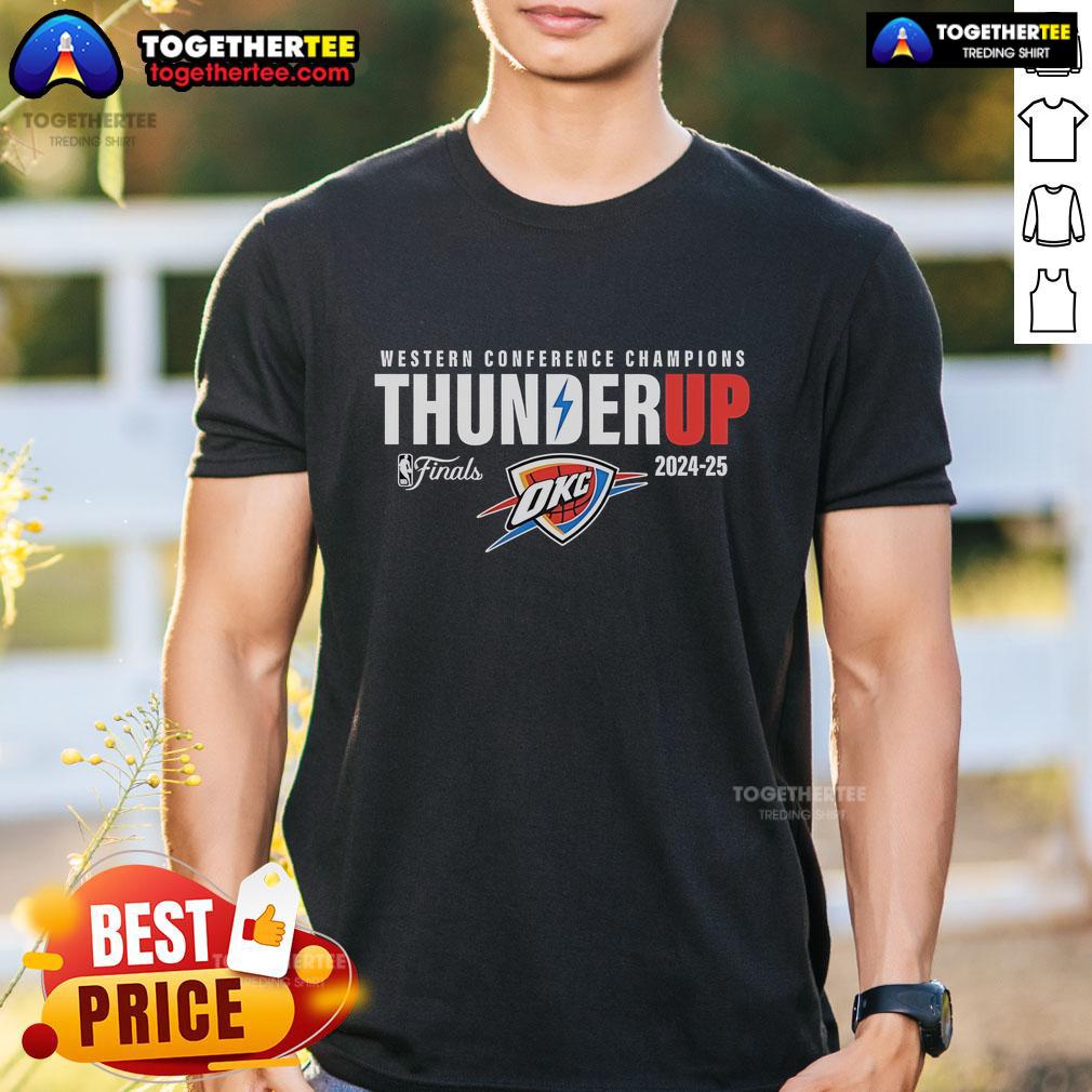 2024-2025 Oklahoma City Thunder Official Western Conference Champions t-shirt featuring team logo and vibrant colors.