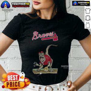 Alt Text: Original Atlanta Braves Tiny Turnip Velociraptor ladies tee featuring a fun dinosaur design for baseball fans.