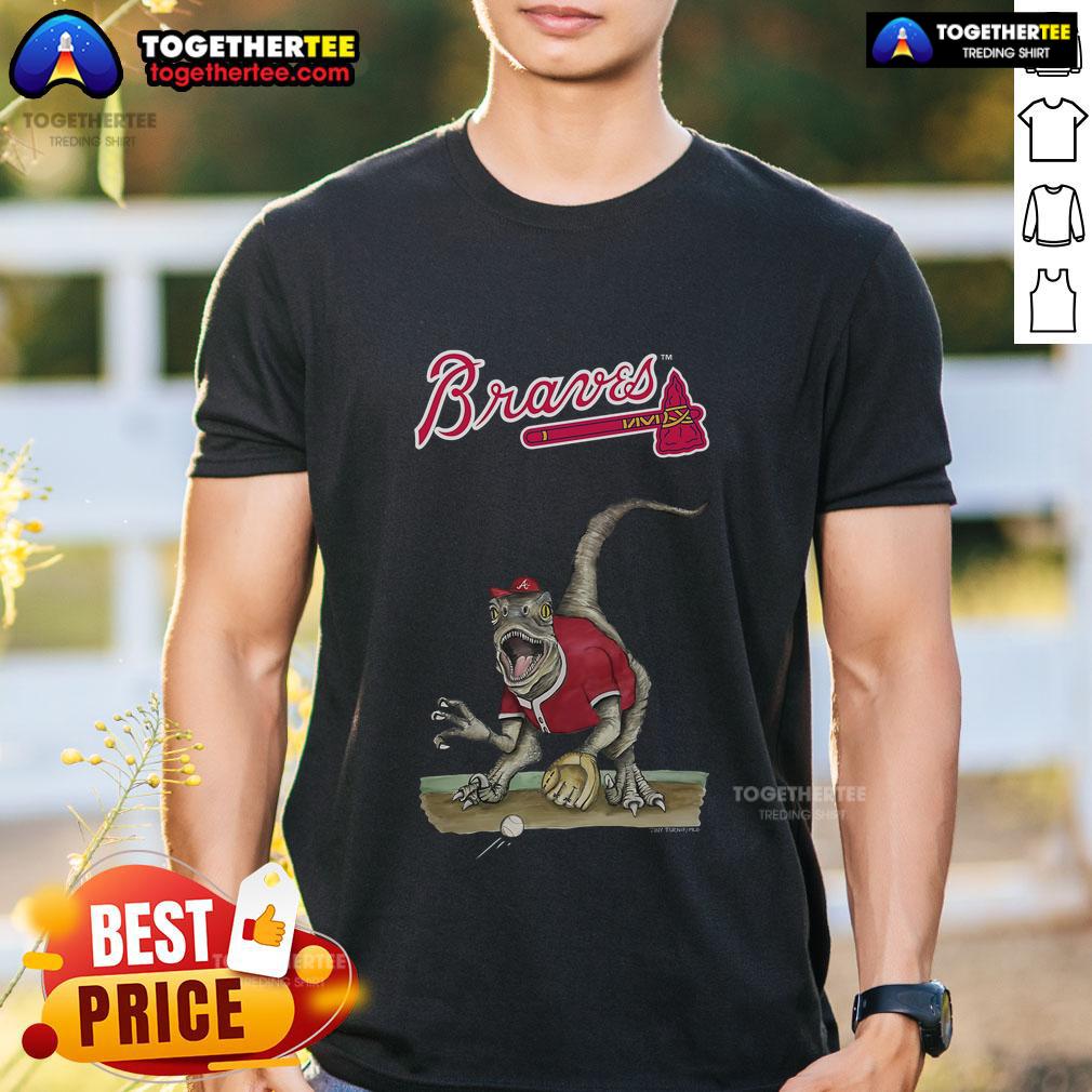 Original Atlanta Braves Tiny Turnip Velociraptor T-Shirt featuring a fun dinosaur design perfect for baseball fans.