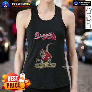 Alt Text: Original Atlanta Braves Tiny Turnip Velociraptor Tank Top featuring a playful dinosaur design and team colors.