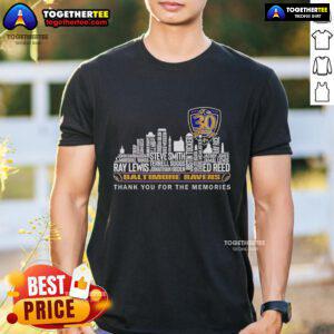 Alt Text: Original Baltimore Ravens 30 Seasons Thank You For The Memories T-Shirt featuring team colors and logo design.