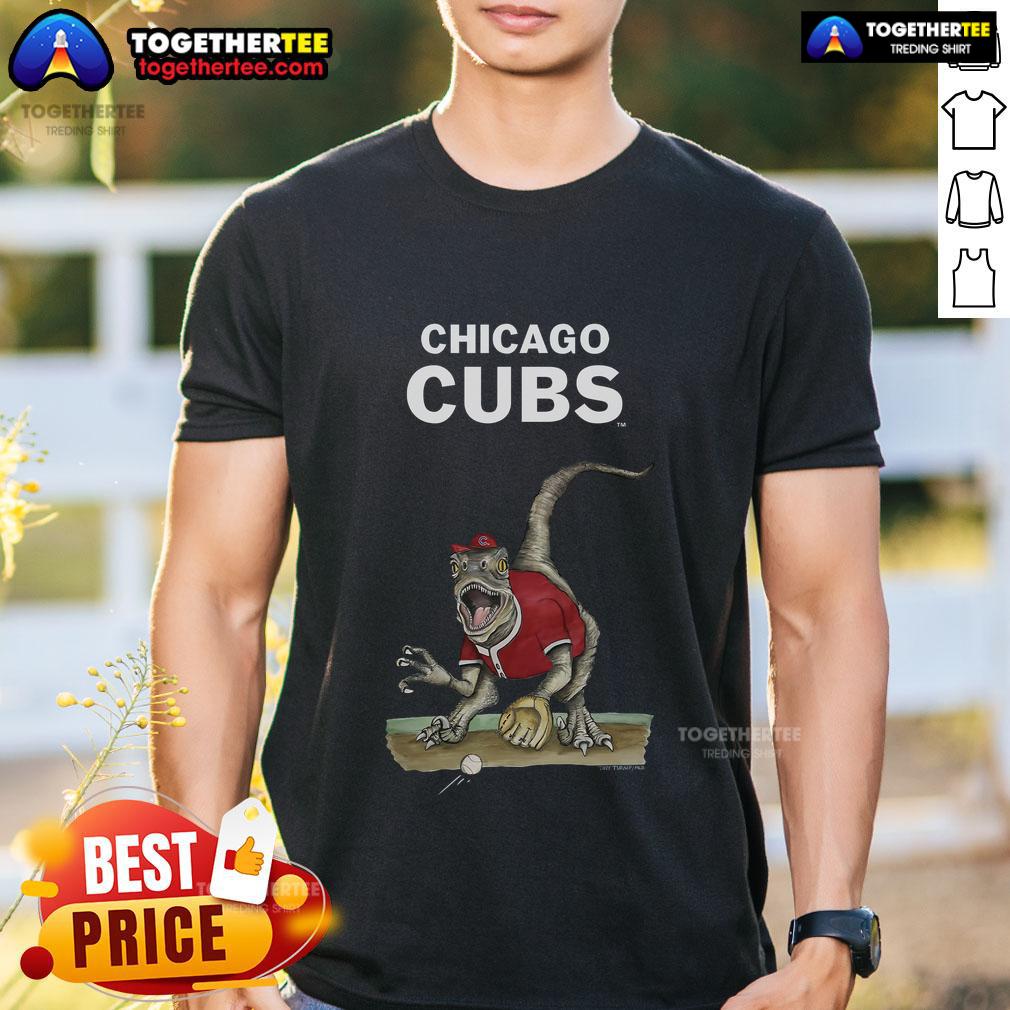 Original Chicago Cubs Tiny Turnip Velociraptor T-Shirt featuring a playful dinosaur design for Cubs fans.