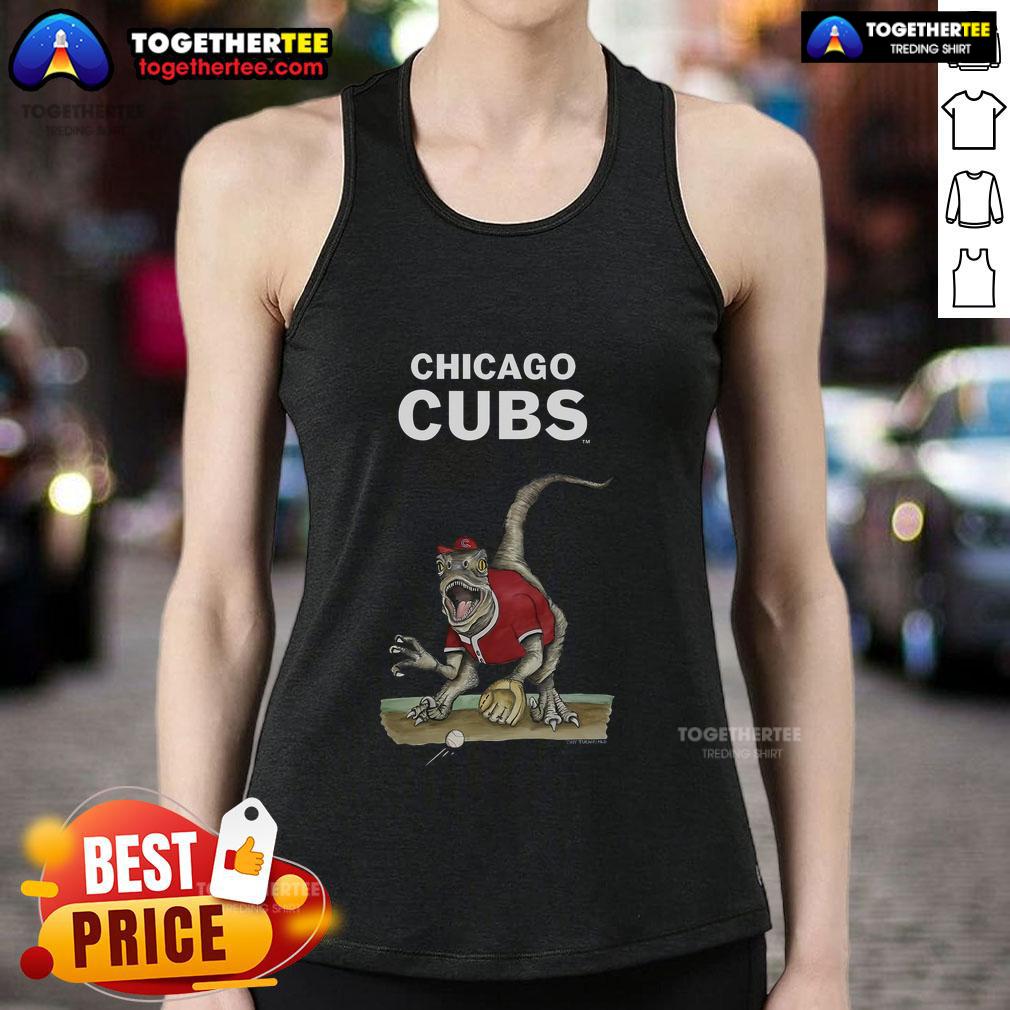 Alt Text: Original Chicago Cubs Tiny Turnip Velociraptor Tank Top featuring a playful dinosaur design and team logo.