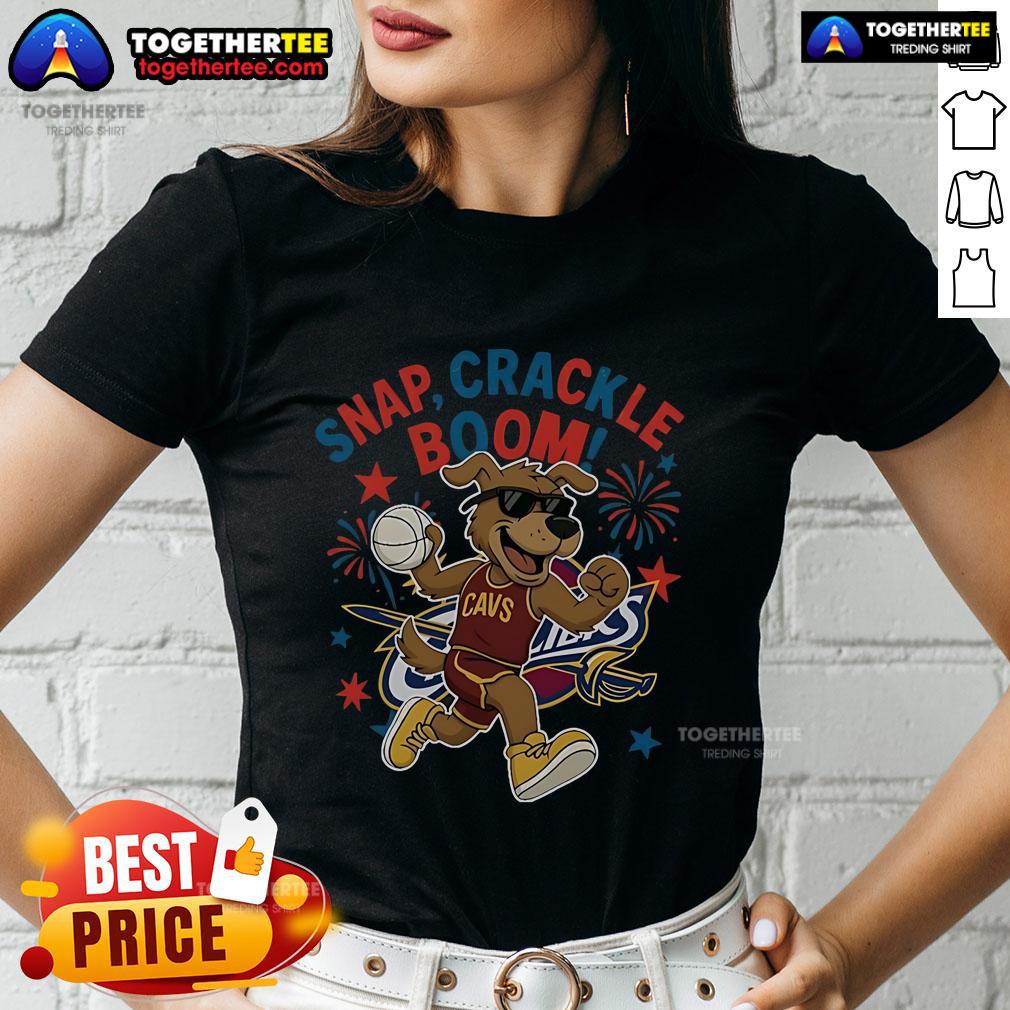 Alt Text: Original Cleveland Cavaliers Snap Crackle Boom Independence Day Ladies Tee featuring team logo and festive design.