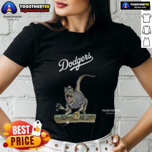 Alt Text: Original Los Angeles Dodgers Tiny Turnip Velociraptor Ladies Tee featuring a playful design for baseball fans.