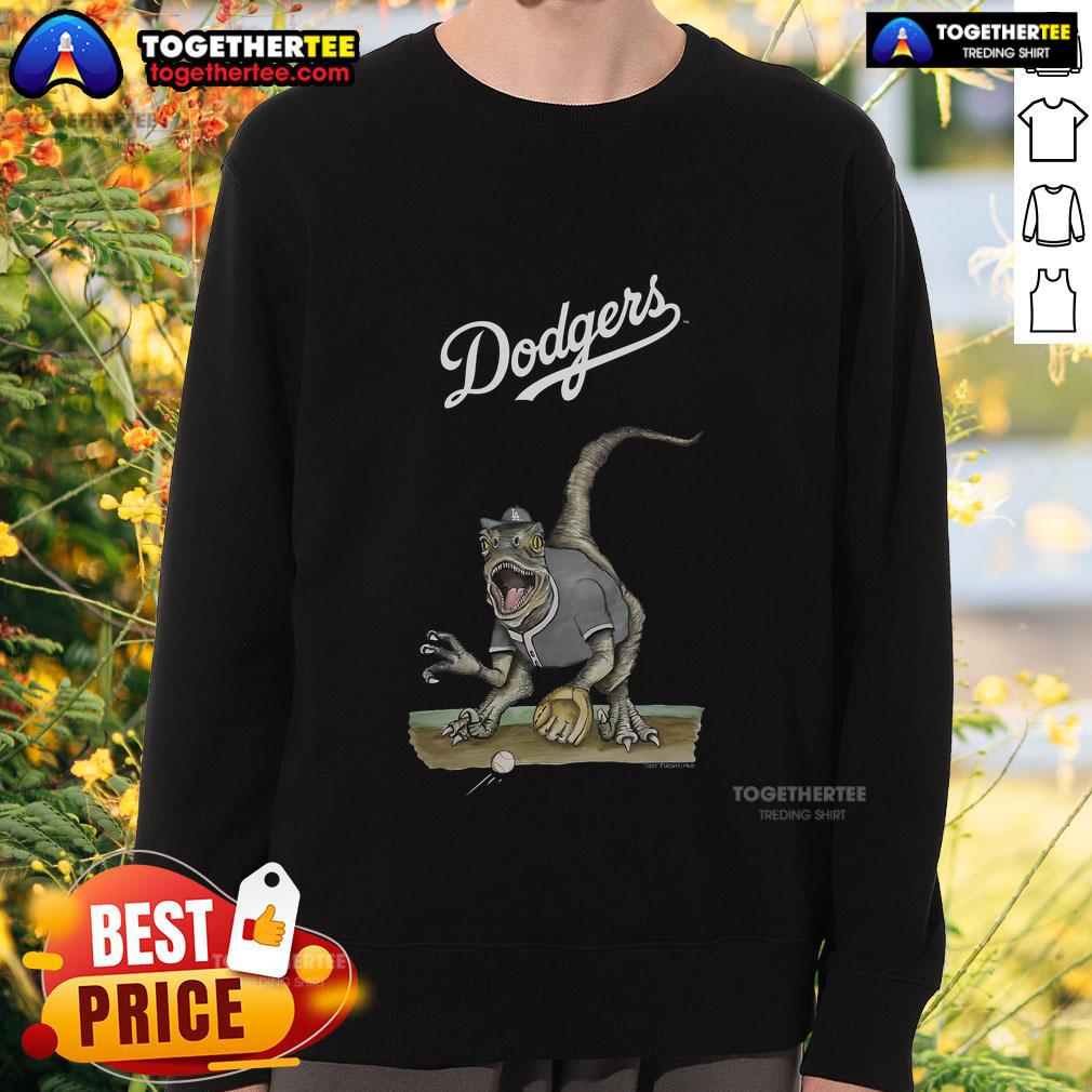 Original Los Angeles Dodgers Tiny Turnip Velociraptor Sweatshirt featuring a unique dinosaur design for fans.
