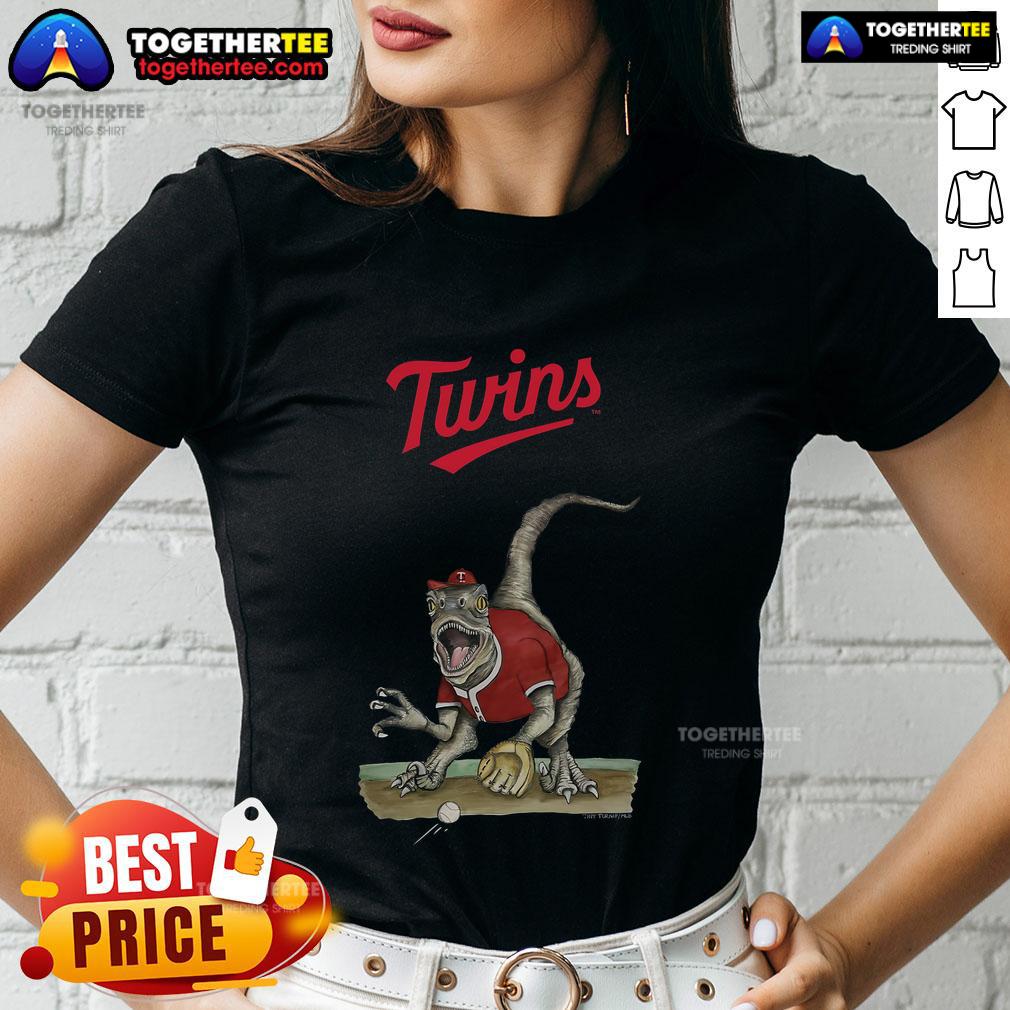 Original Minnesota Twins tiny turnip velociraptor ladies tee featuring a fun dinosaur design for female fans.