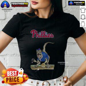 Original Philadelphia Phillies Tiny Turnip Velociraptor Ladies Tee featuring a fun dinosaur graphic and team colors.