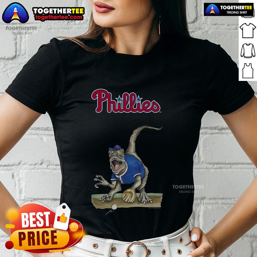 Original Philadelphia Phillies Tiny Turnip Velociraptor Ladies Tee featuring a fun dinosaur graphic and team colors.