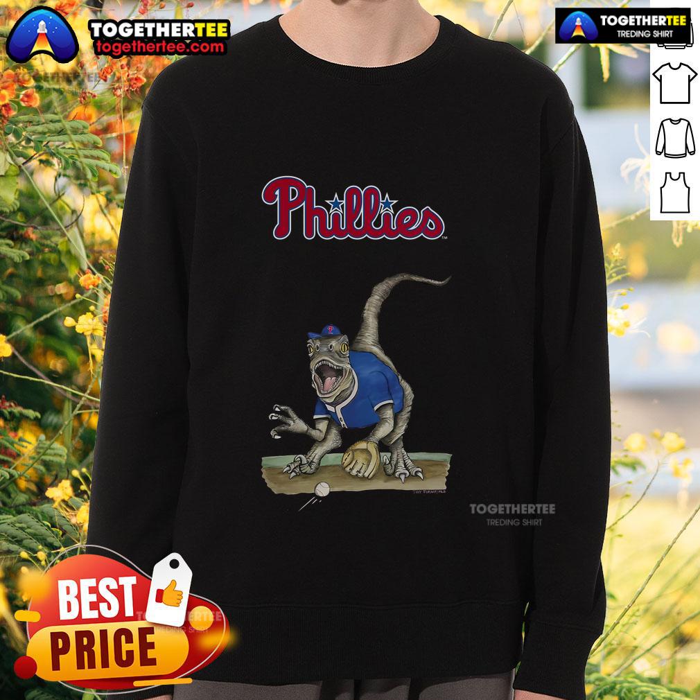 Original Philadelphia Phillies Tiny Turnip Velociraptor Sweatshirt featuring a playful dinosaur design and team colors.