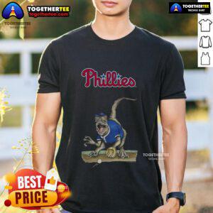Original Philadelphia Phillies Tiny Turnip Velociraptor T-Shirt featuring a playful dinosaur design for baseball fans.