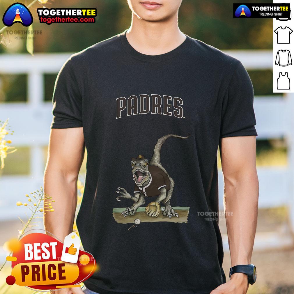 Alt Text: Original San Diego Padres Tiny Turnip Velociraptor T-Shirt featuring a playful dinosaur graphic and baseball themes.